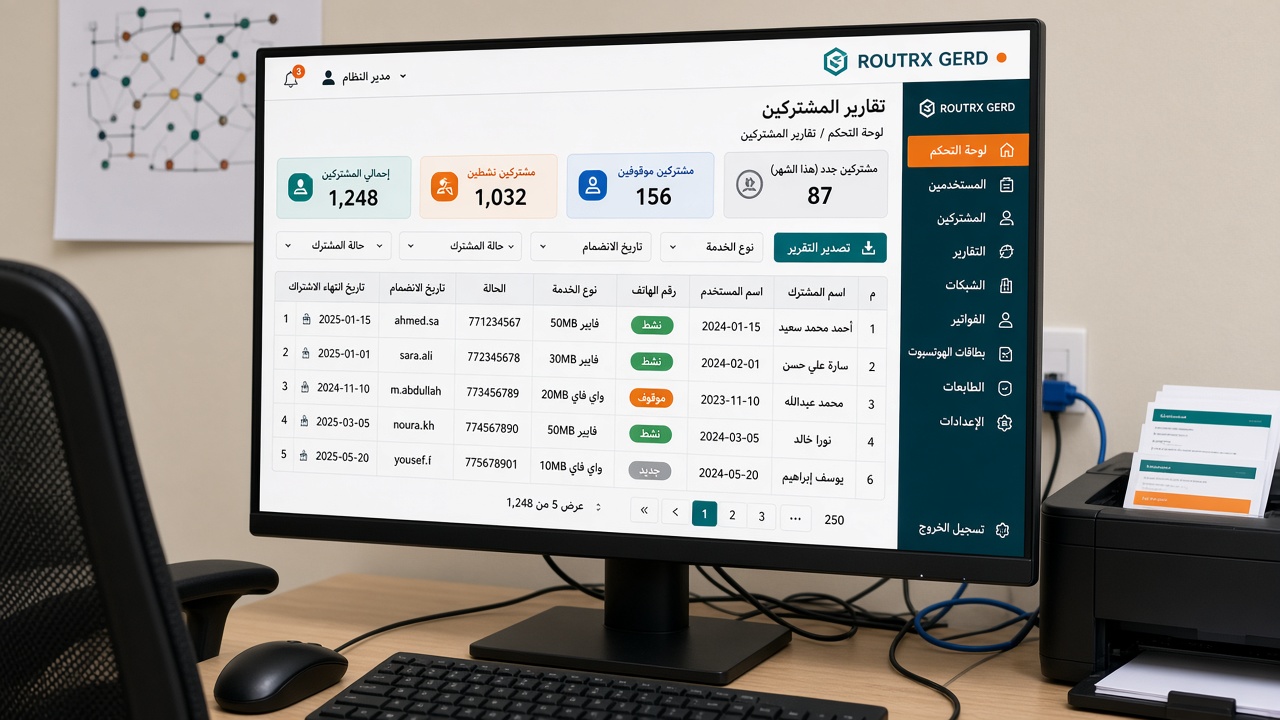 شاشة سطح المكتب مع جداول المشتركين وطابعة