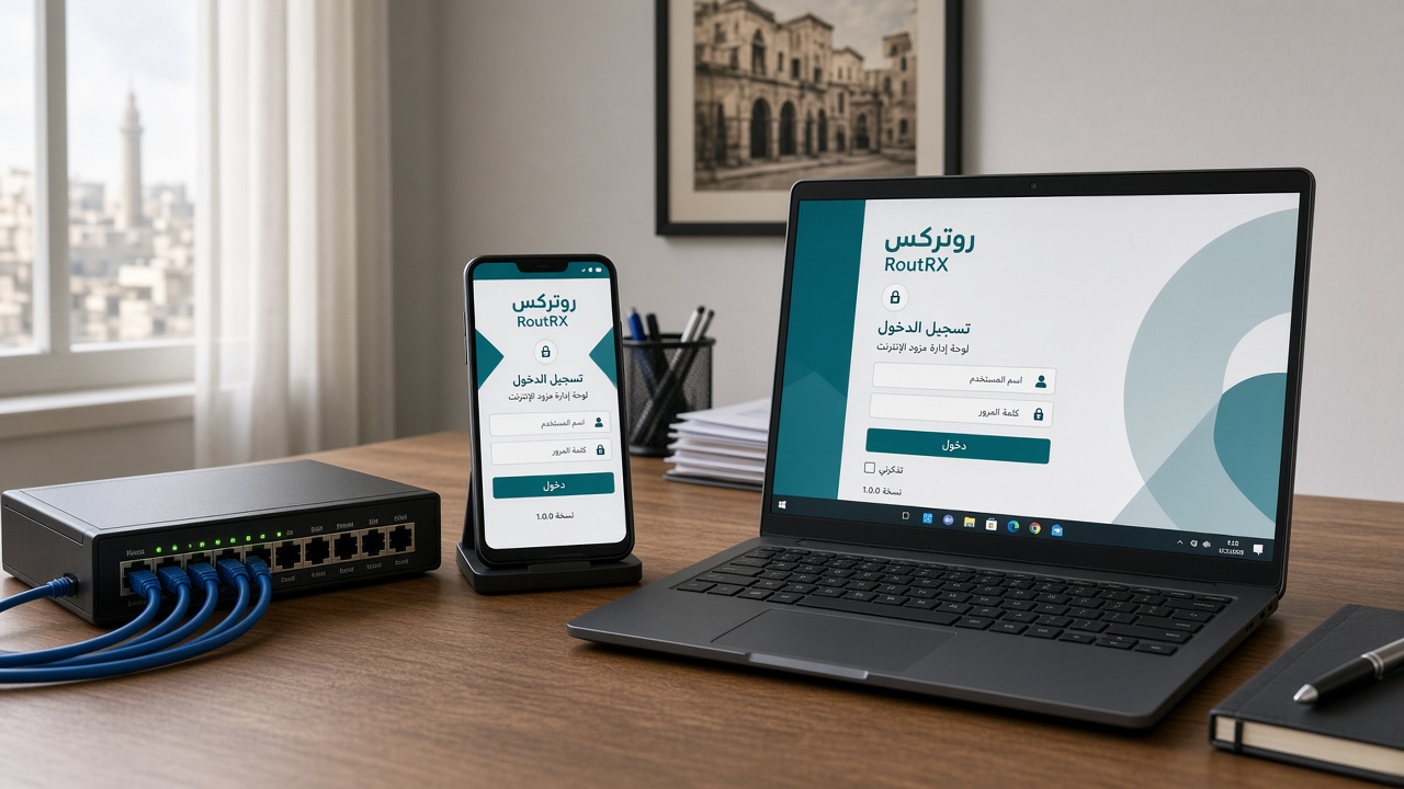 مكتب شبكة مع راوتر وتطبيق إدارة جاهز لتسجيل الدخول