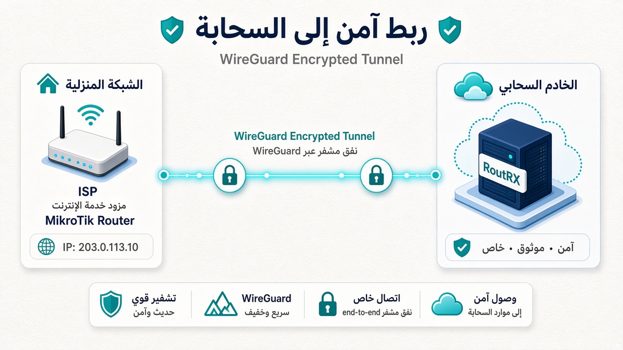 مخطط نفق آمن بين راوتر المكتب وسيرفر RoutRX
